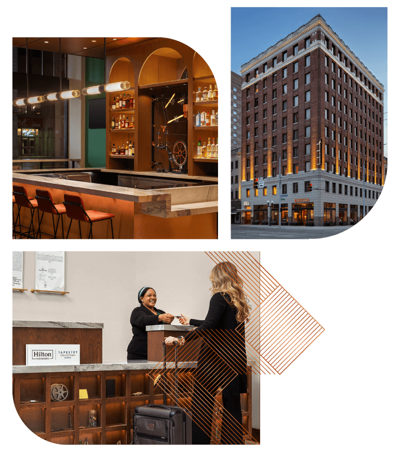 A collage image showing the interior Hotel Ardent bar, an outside shot of the building and a front desk agent helping a guest at check-in.